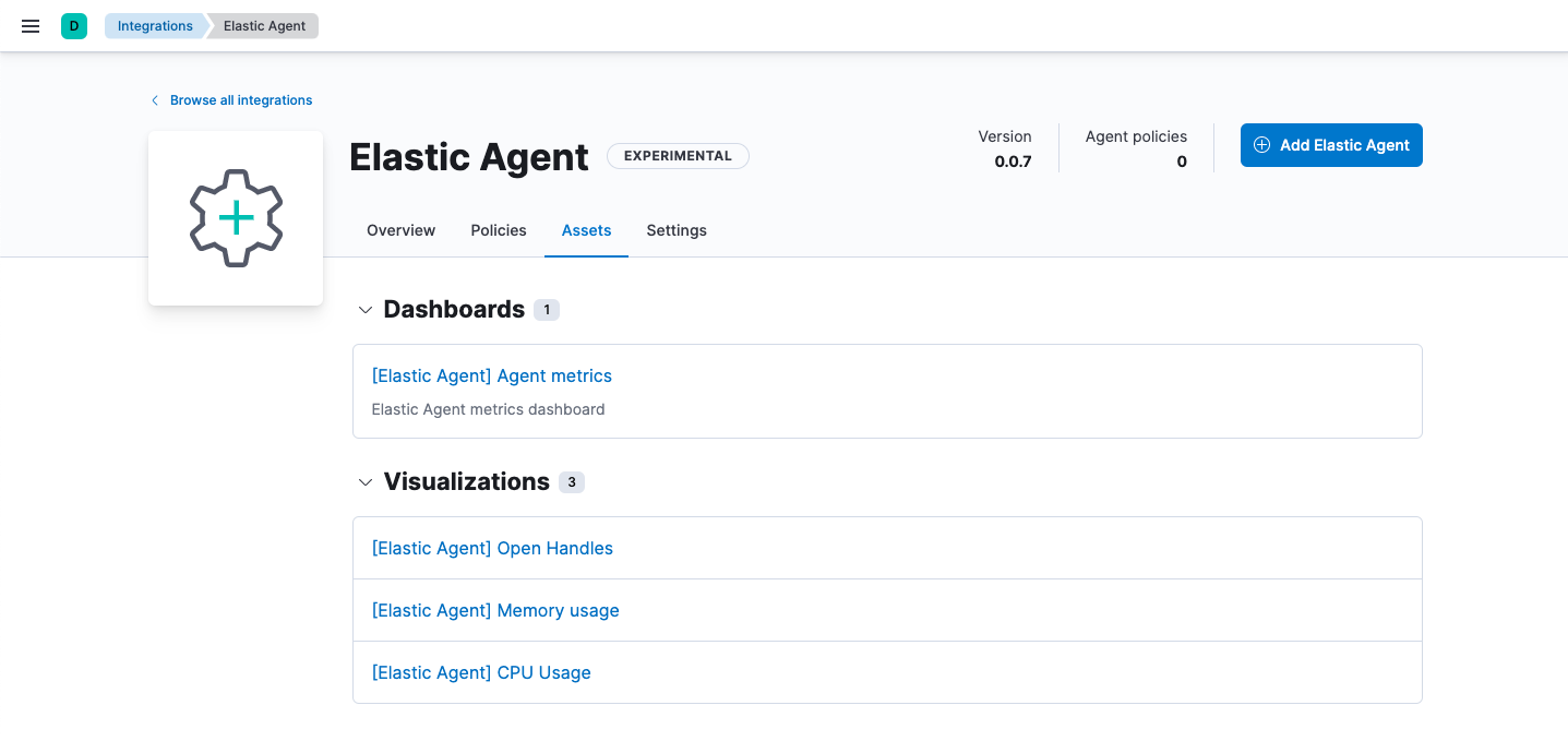Screen capture of Elastic Agent monitoring assets