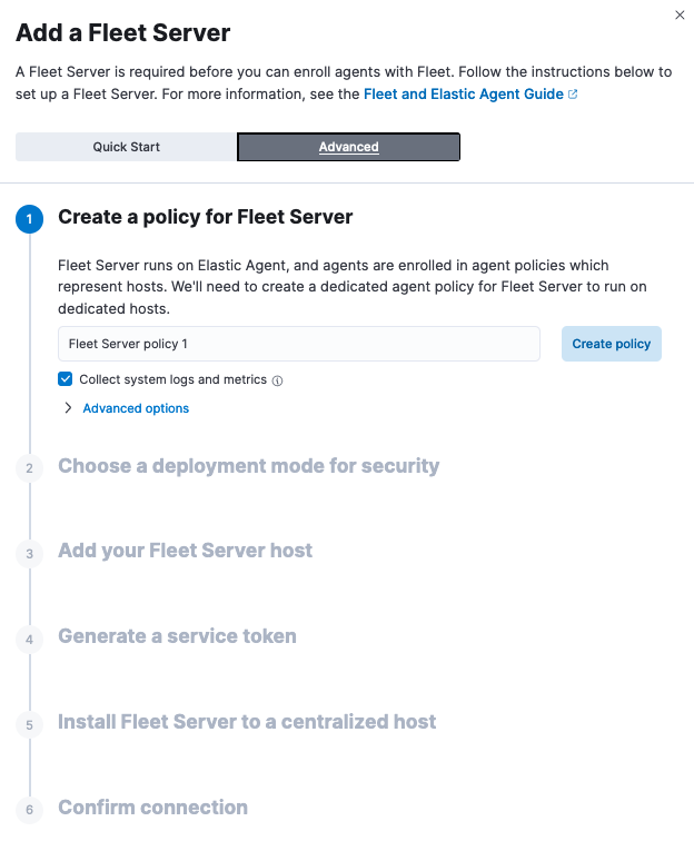 In-product instructions for adding a Fleet Server in advanced mode
