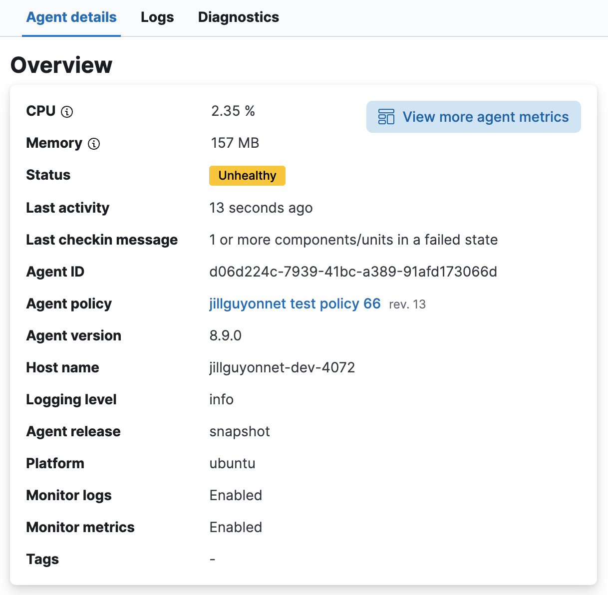 Agent details overview pane with various metrics