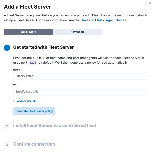 In-product instructions for adding a Fleet Server in quick start mode