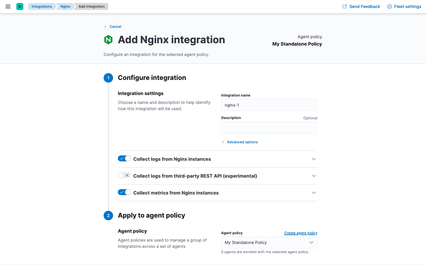 Add Nginx integration screen with agent policy selected