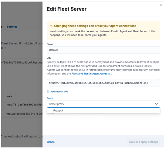 Screen capture of the Edit Fleet Server UI