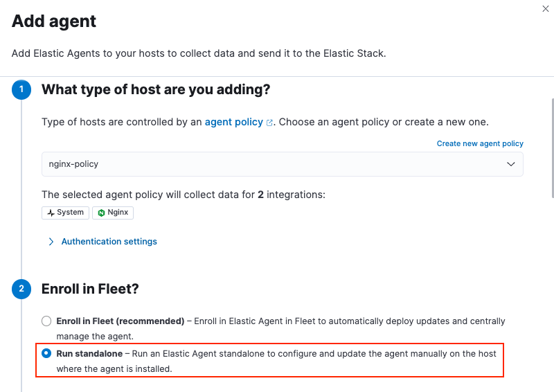 Add agent UI with nginx-policy and Run-standalone selected.