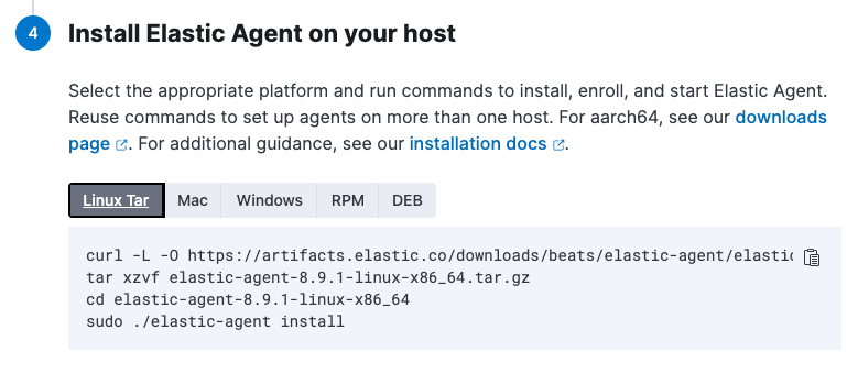 Install Elastic Agent on your host step, showing tabs with the commands for different operating systems.