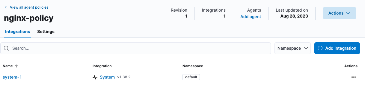 The nginx-policy UI with integrations tab selected