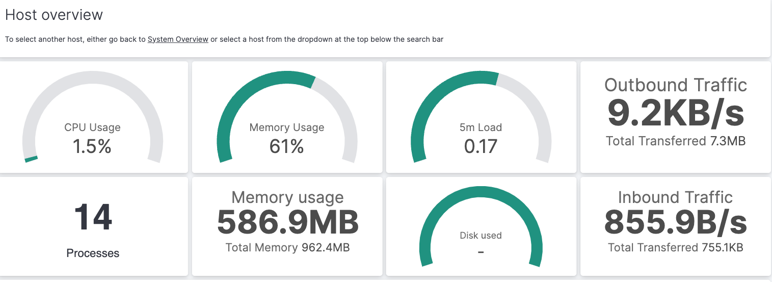 The System metrics host overview showing CPU usage, memory usage, and other visualizations