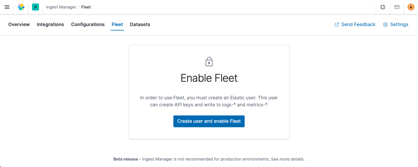 Ingest Manager showing prompt to enable Fleet