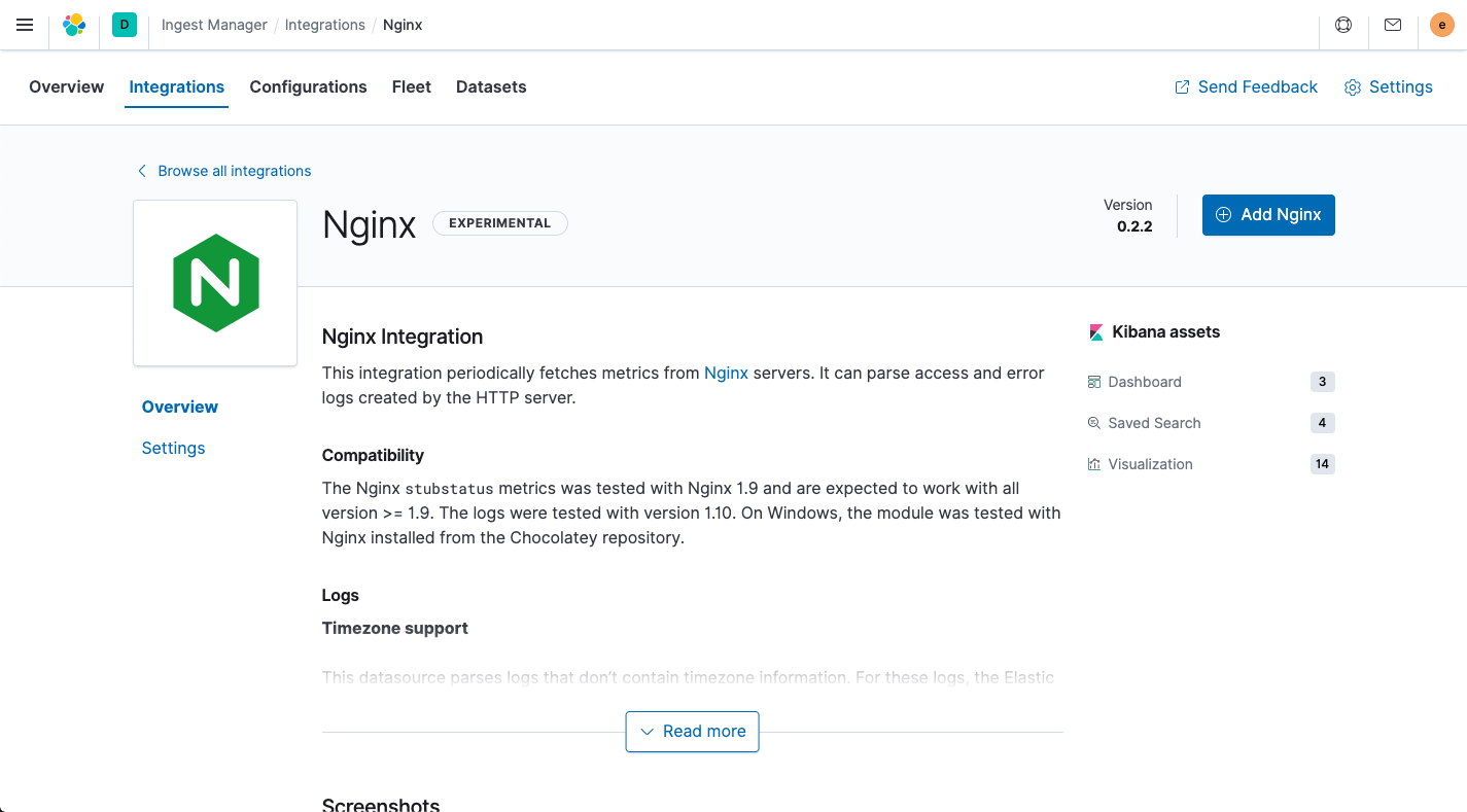 Ingest Manager showing Nginx integration overview