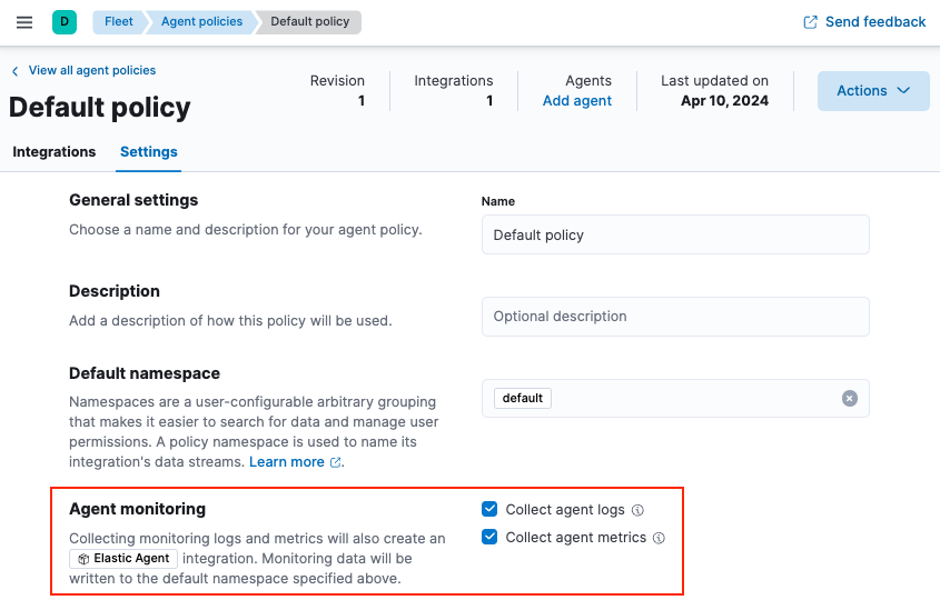 Screen capture of agent monitoring settings in the default agent policy