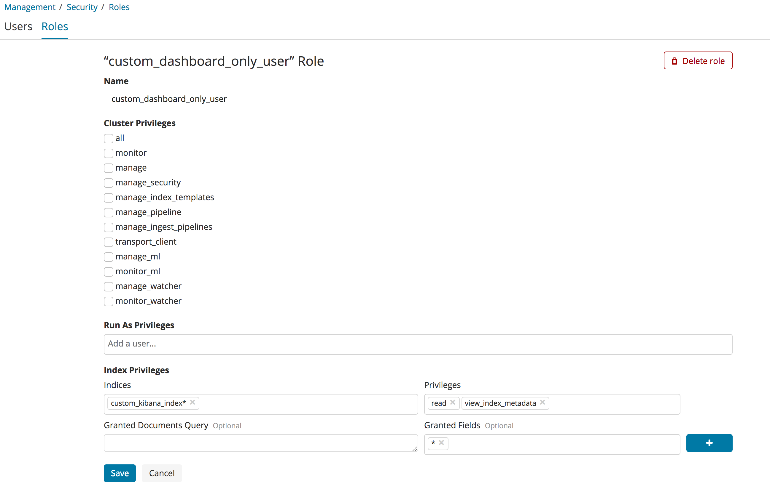 Custom dashboard mode role with read permissions on a custom kibana index