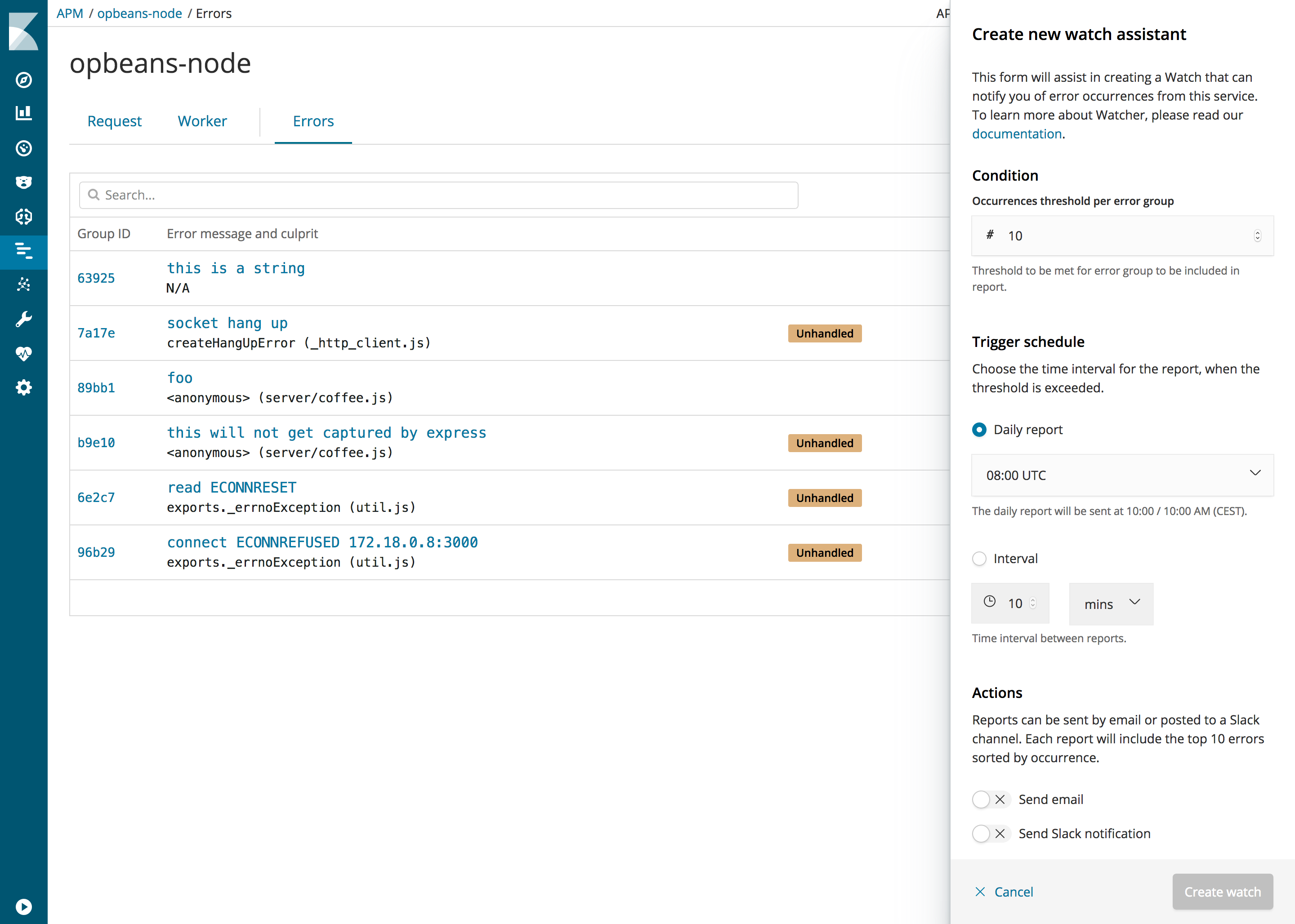 Example view of the Watcher assistant for errors in APM UI in Kibana