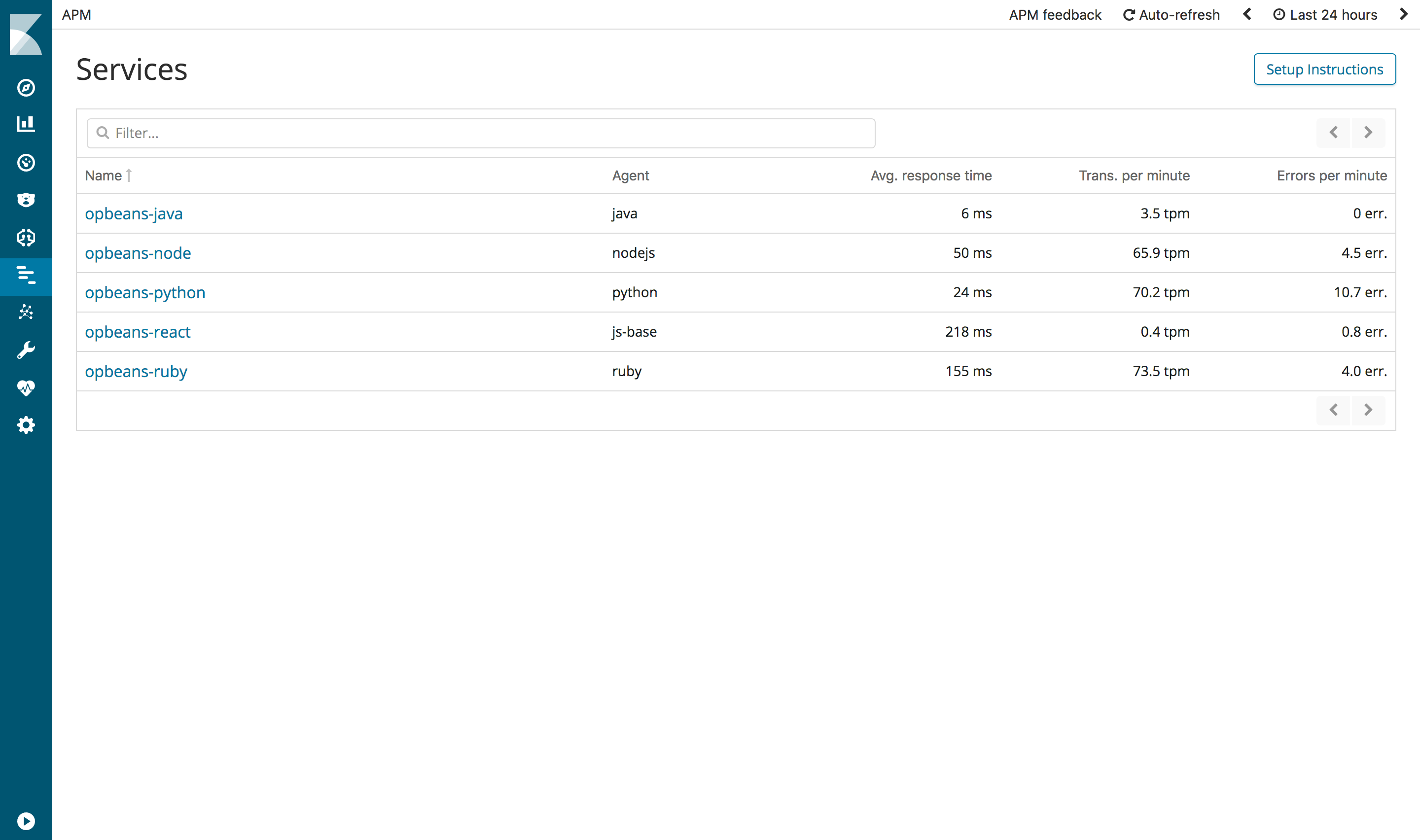 Example view of services table the APM UI in Kibana