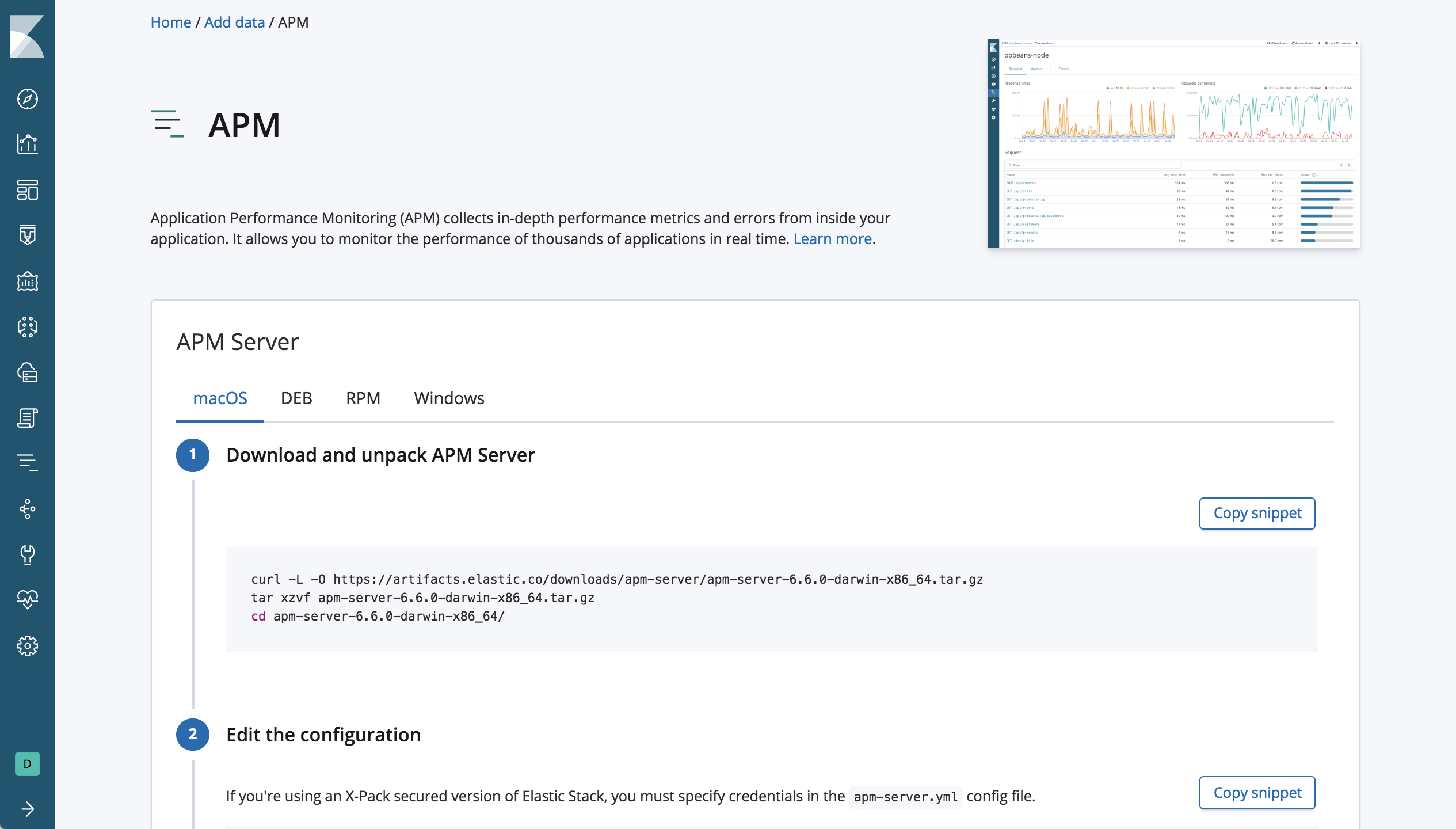 Installation instructions on the APM page in Kibana