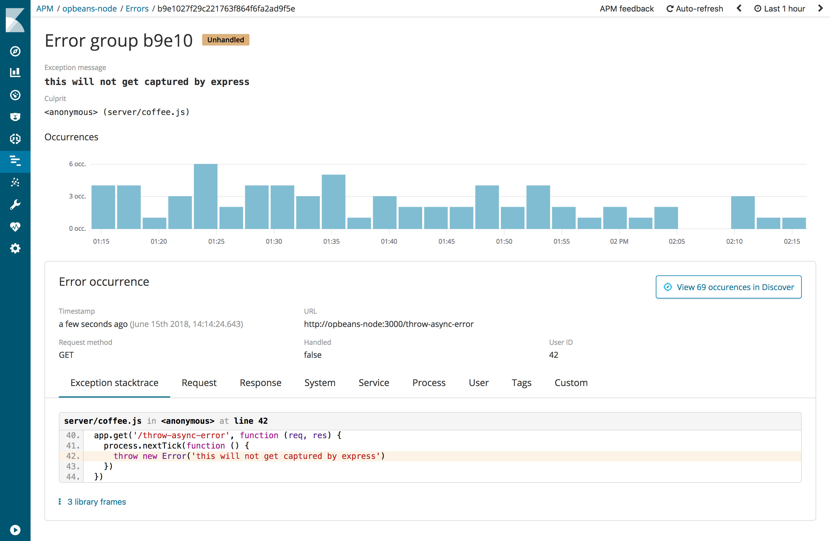 Example view of the error group page in the APM UI in Kibana