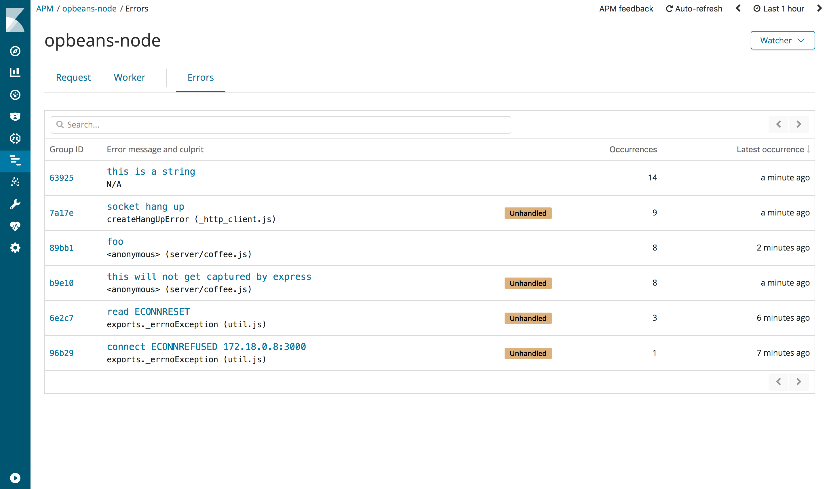 Example view of the errors overview in the APM UI in Kibana