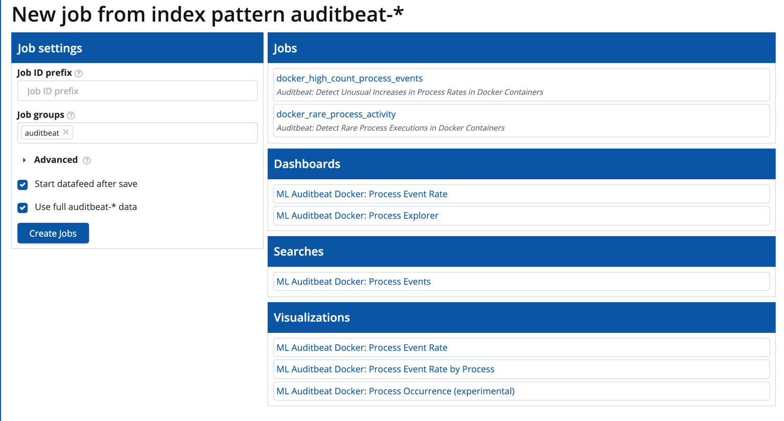 machine learning jobs for Auditbeat data
