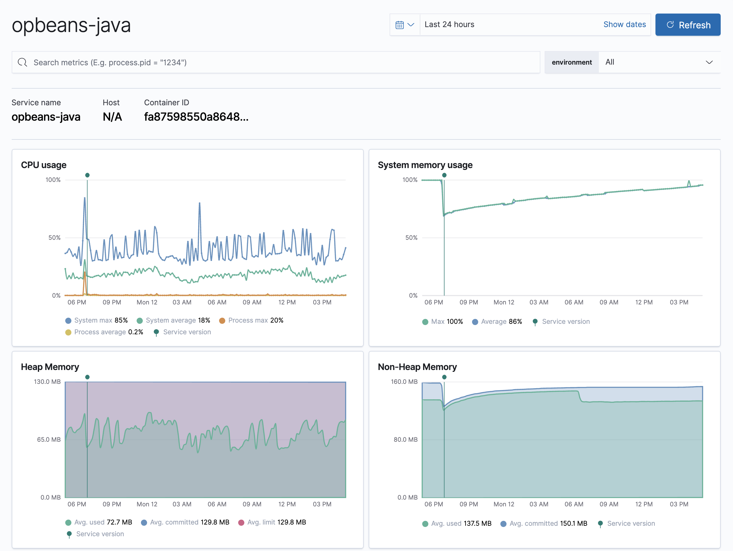 Example view of the Metrics overview for the Java Agent