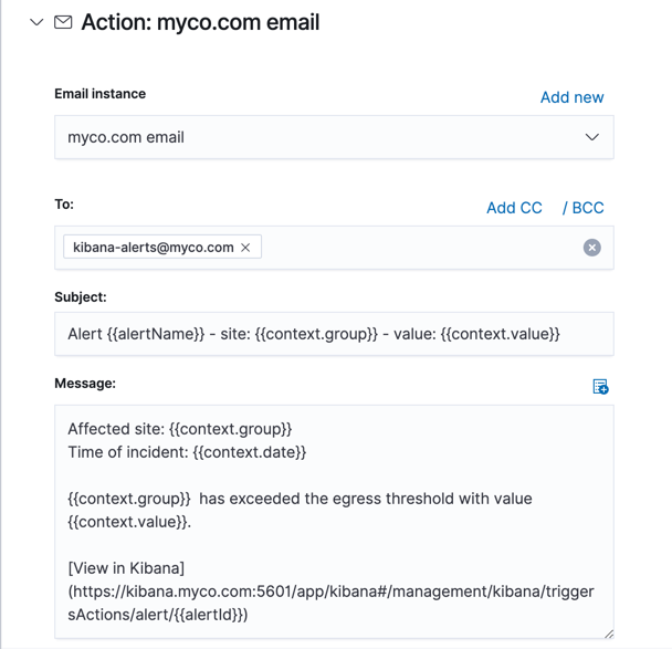 UI for defining an email action
