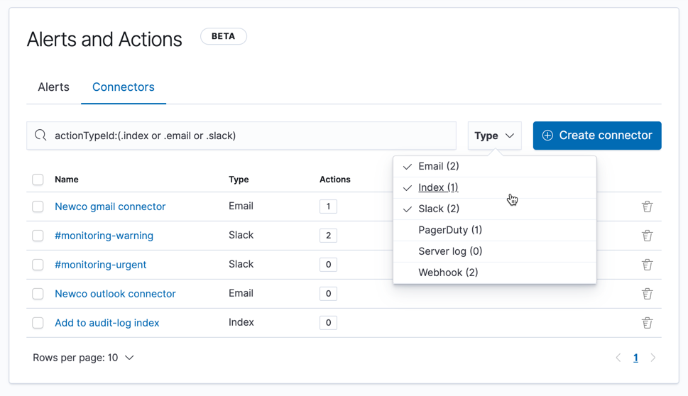 Filtering the connector list by types of actions