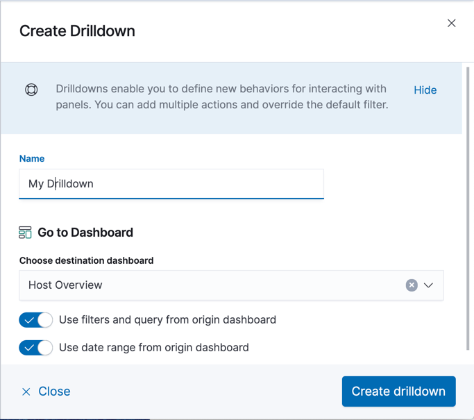 Create drilldown with entries for drilldown name and destination