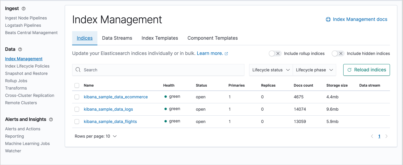 Index Management view in Stack Management
