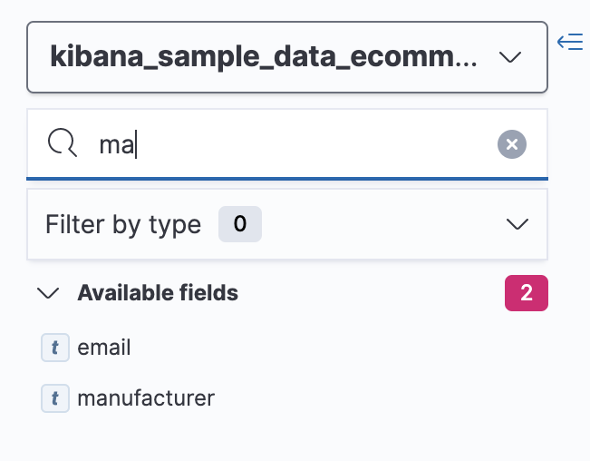 Fields list that displays the top five search results