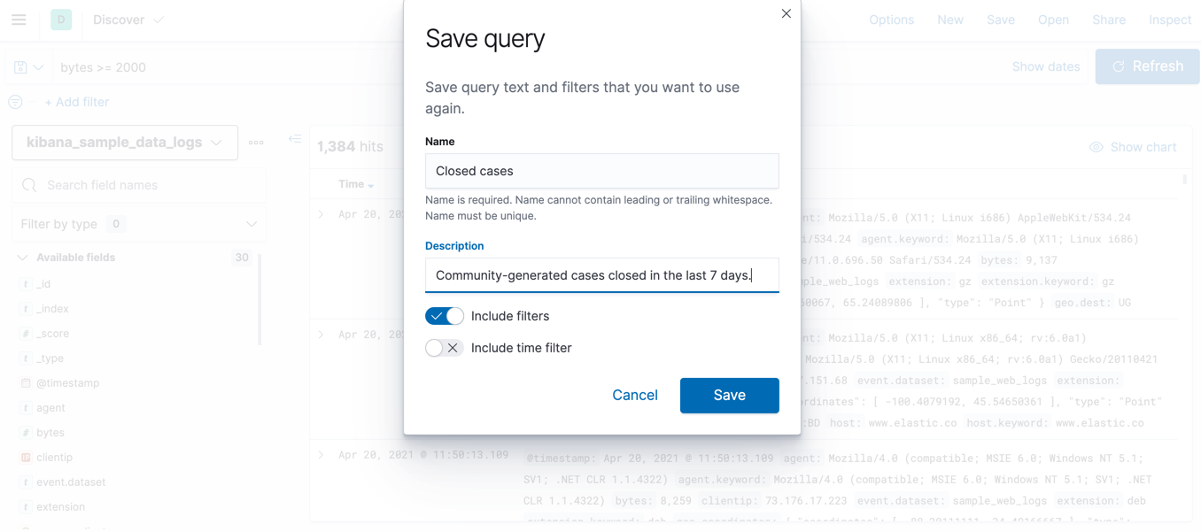 Example of the saved query management popover with a list of saved queries
