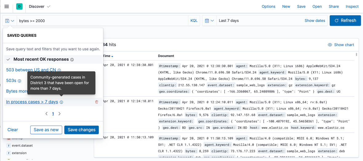 Example of the saved query management popover with a list of saved queries
