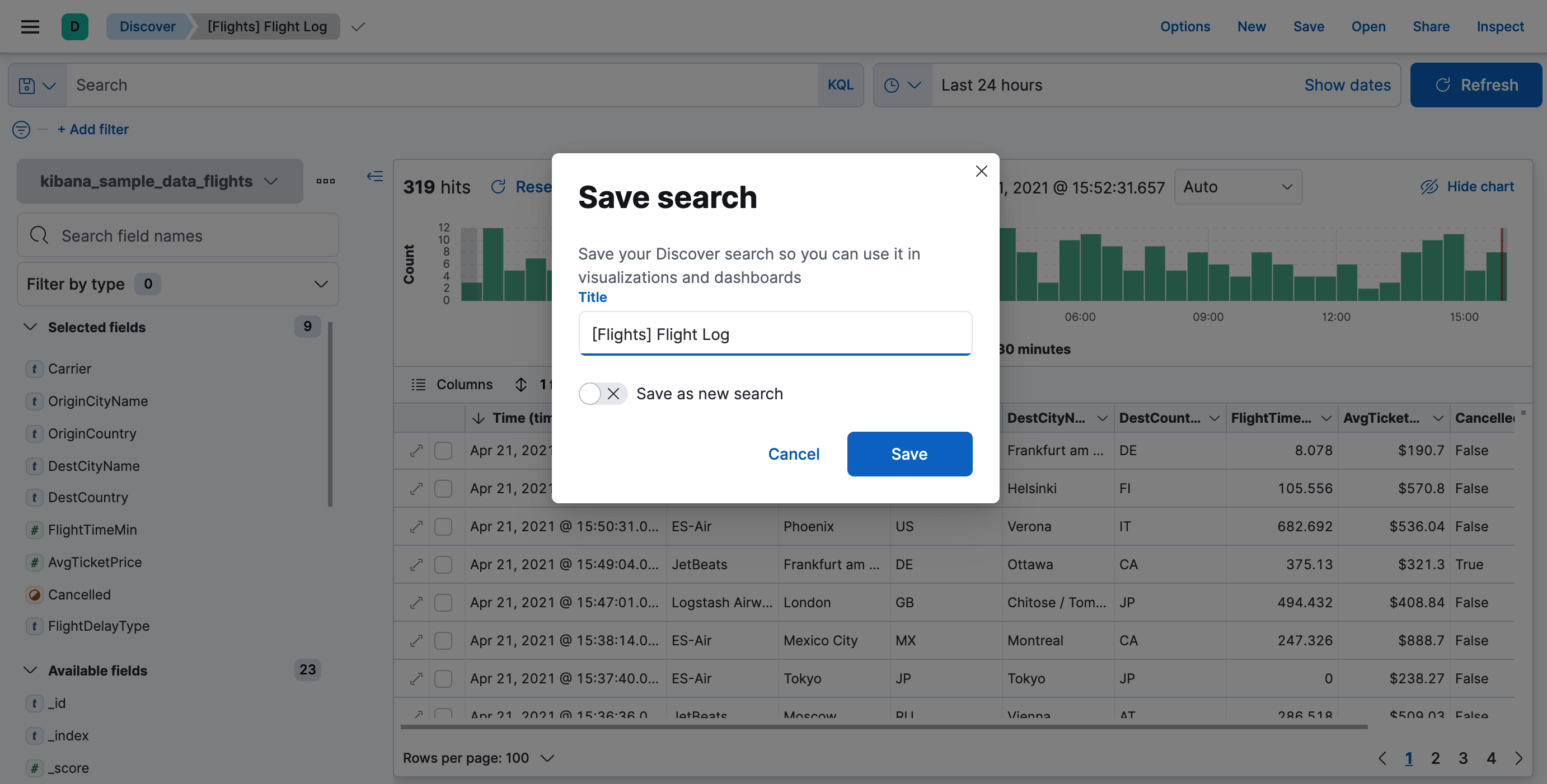 Example of Discover’s save search option