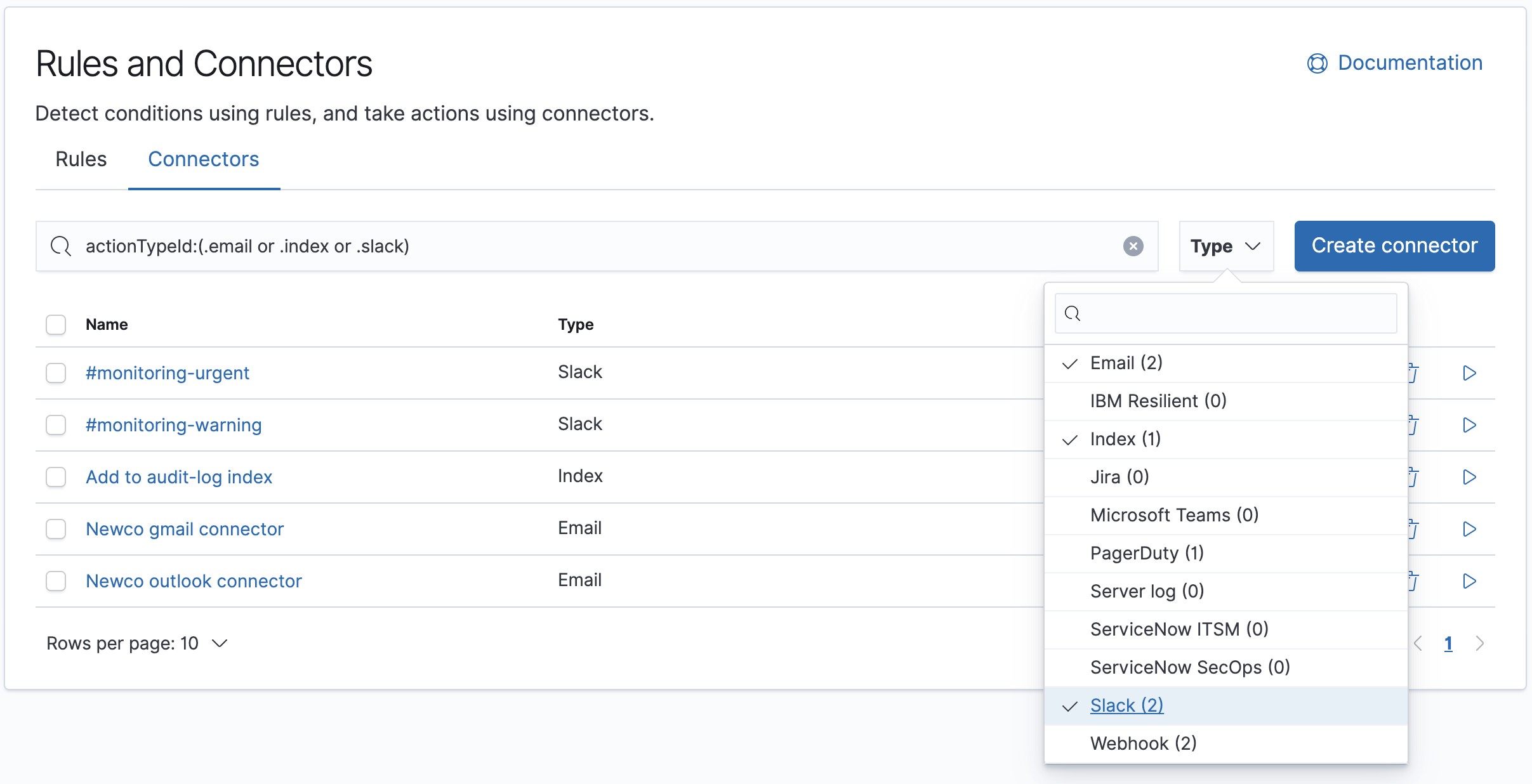 Filtering the connector list by types of connectors