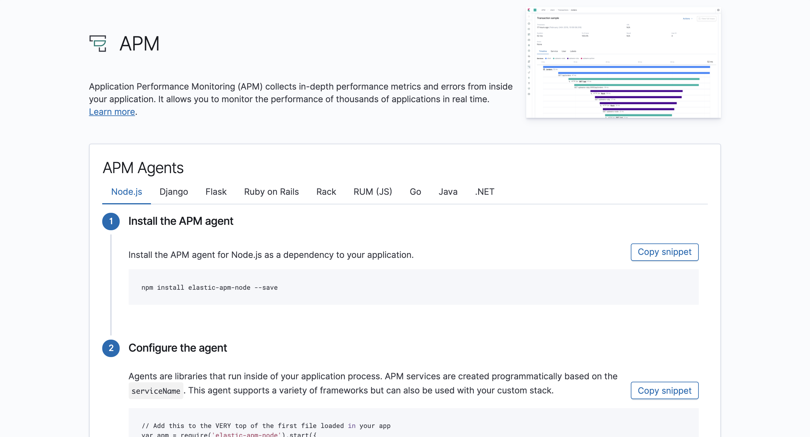 Installation instructions on the APM page in Kibana