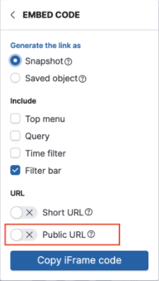 Embed code share menu with Public URL option highlighted