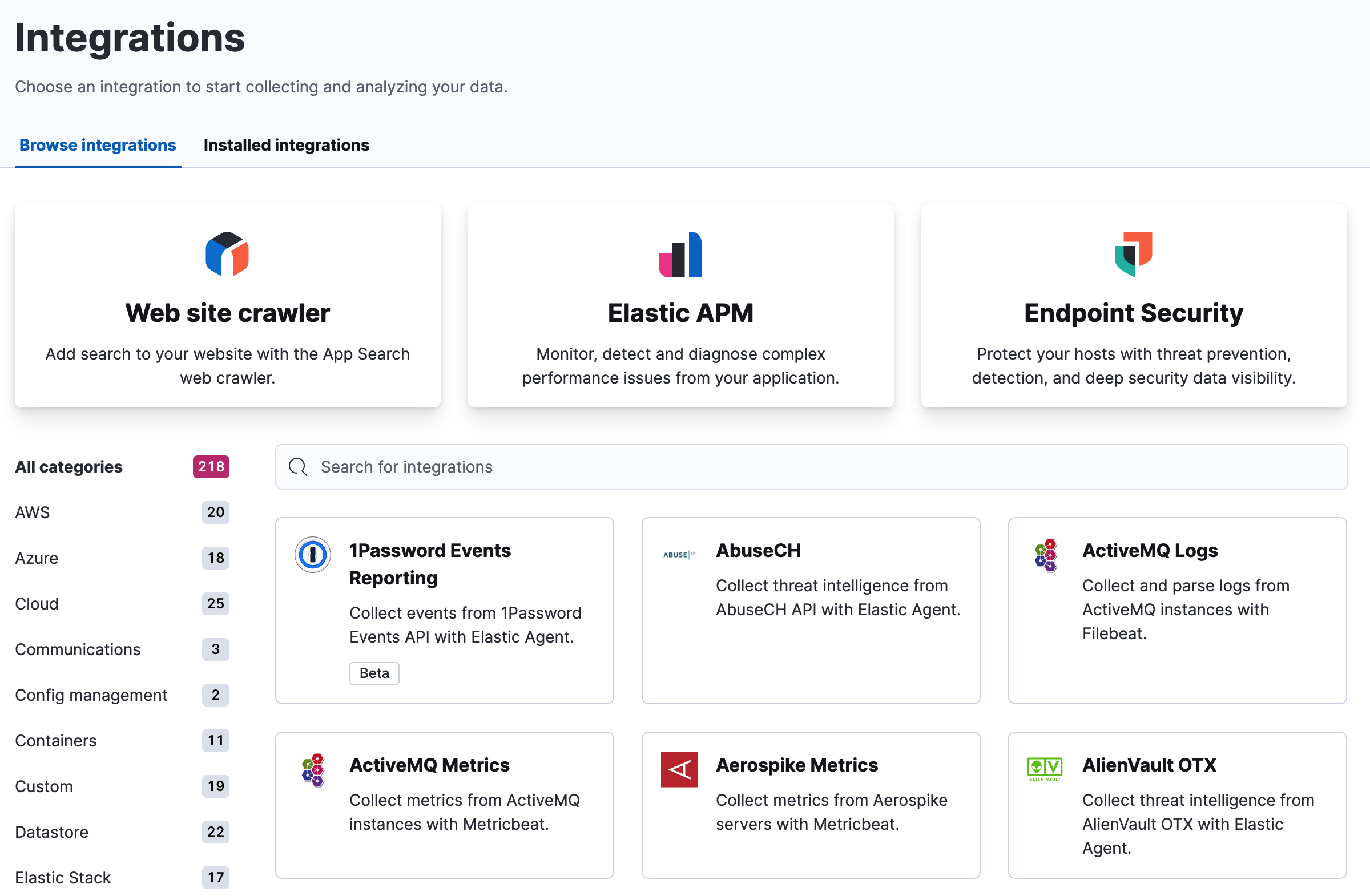 Integrations page from which you can choose integrations to start collecting and analyzing data