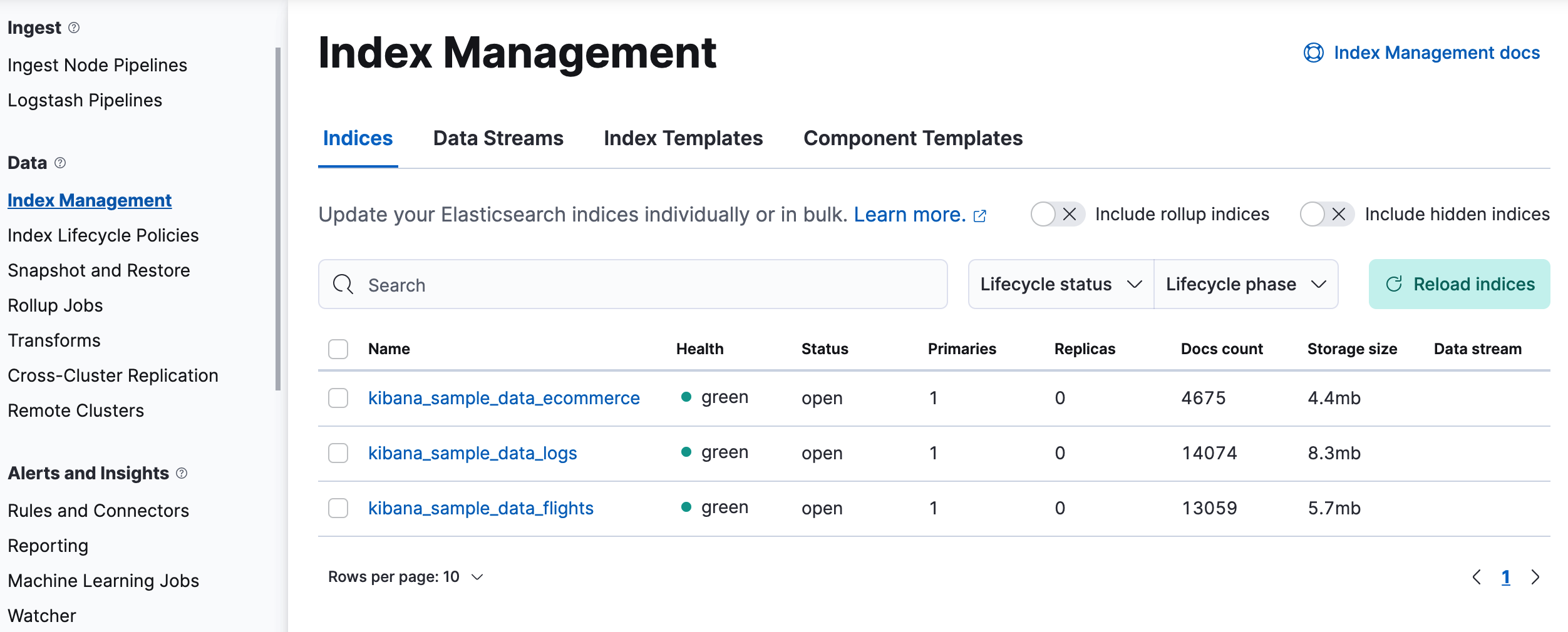 Index Management view in Stack Management
