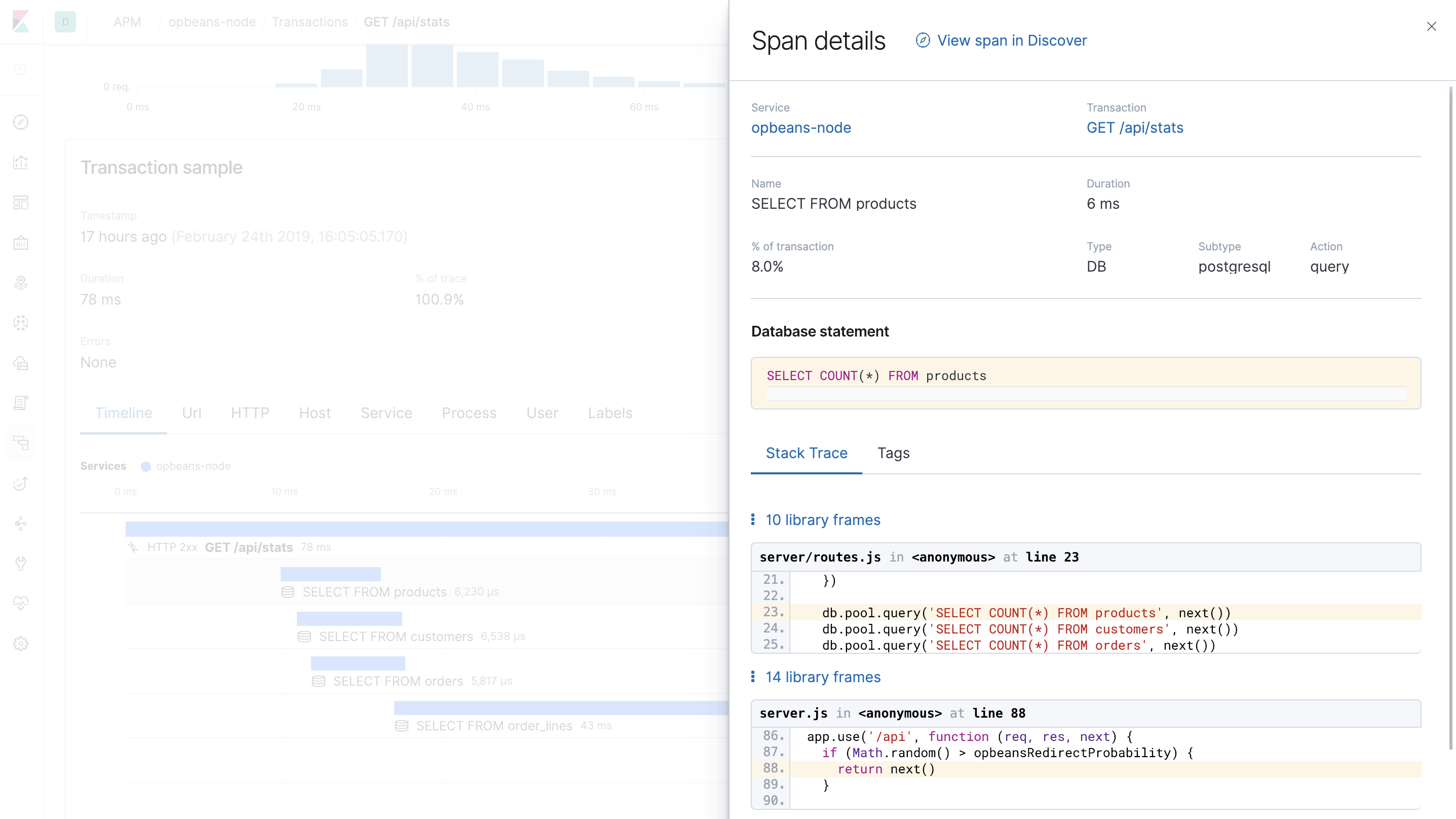 Example view of a span detail in the APM UI in Kibana