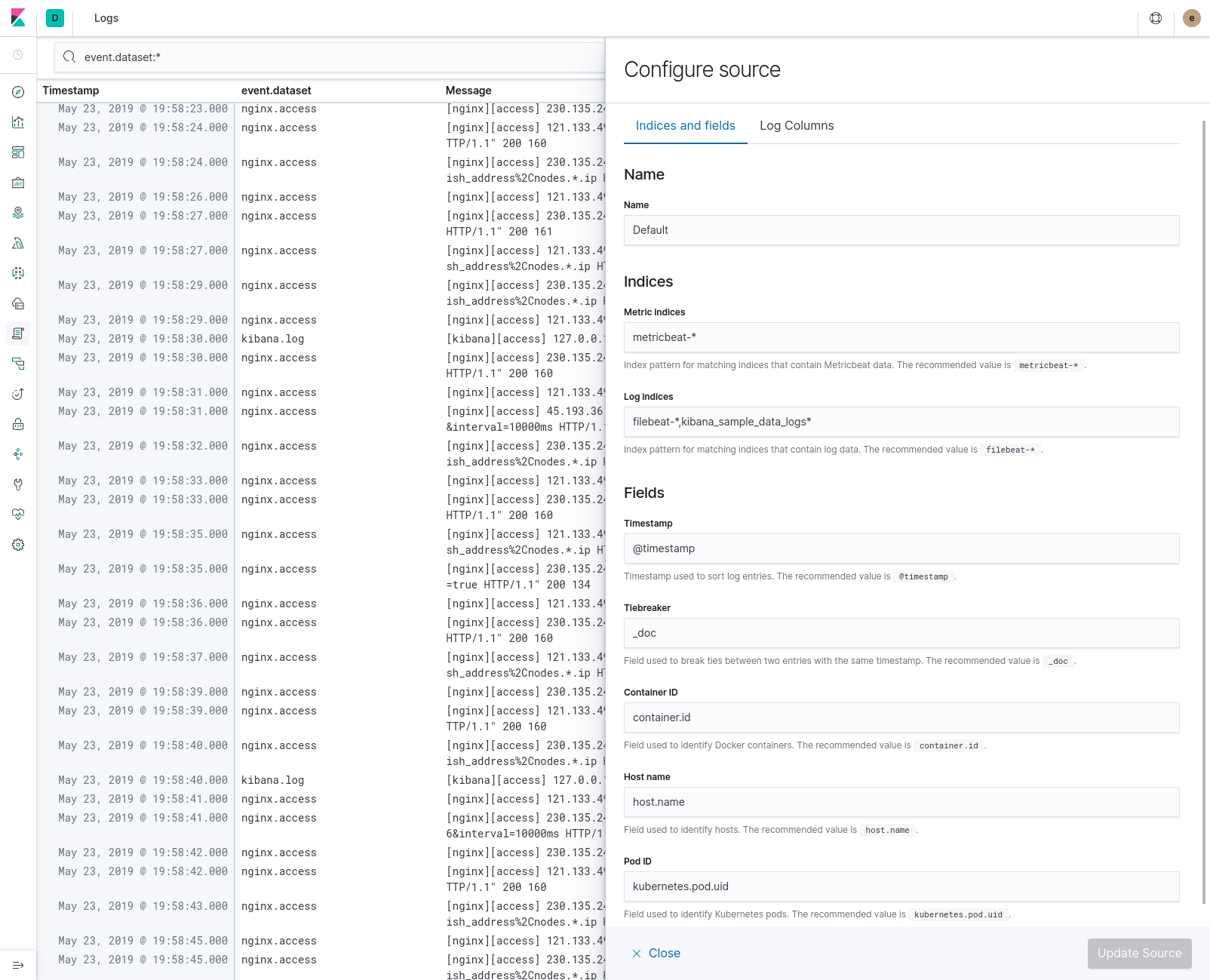 Configure logs UI source indices and fields dialog in Kibana