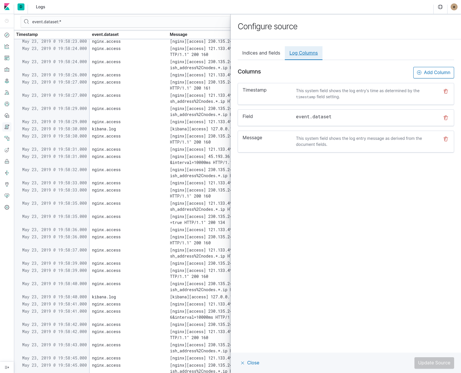 Configure logs UI source columns dialog in Kibana