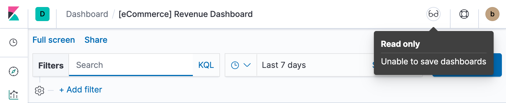 Example of Dashboard’s read only access indicator in Kibana’s header