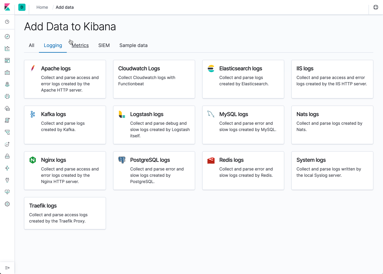 Screenshot showing Add logging data in Kibana