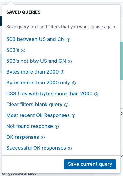 Example of the saved query management popover with a list of saved queries with write access
