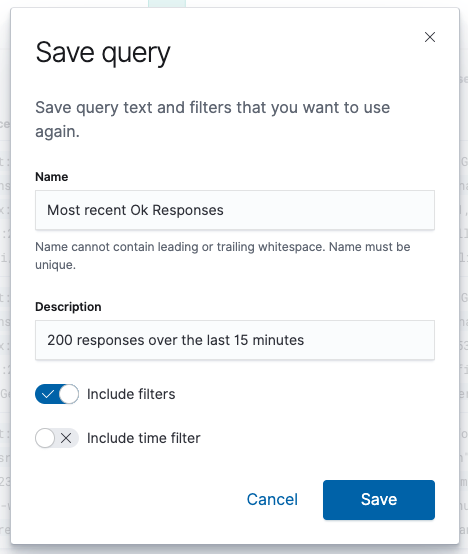 Example of the saved query management save form with the filters option included and the time filter option excluded
