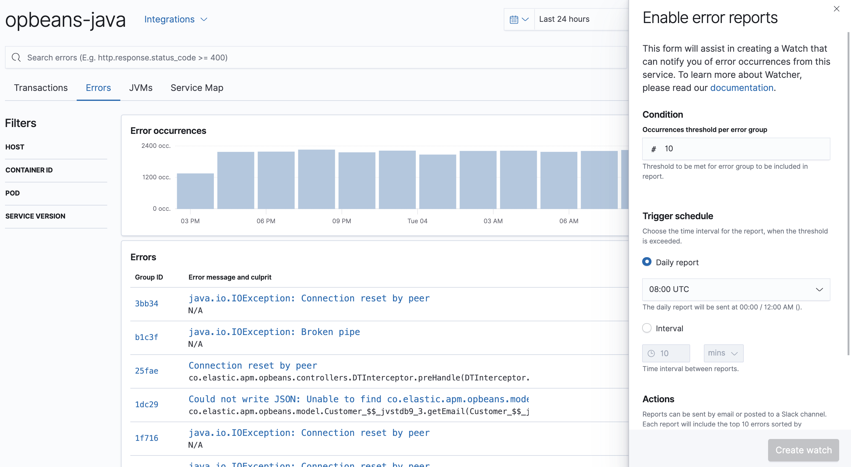 Example view of the Watcher assistant for errors in APM app in Kibana