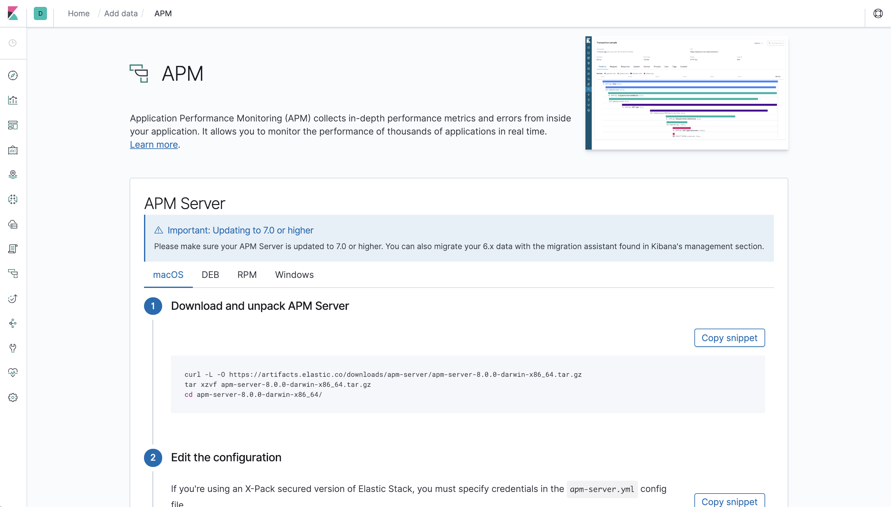 Installation instructions on the APM page in Kibana