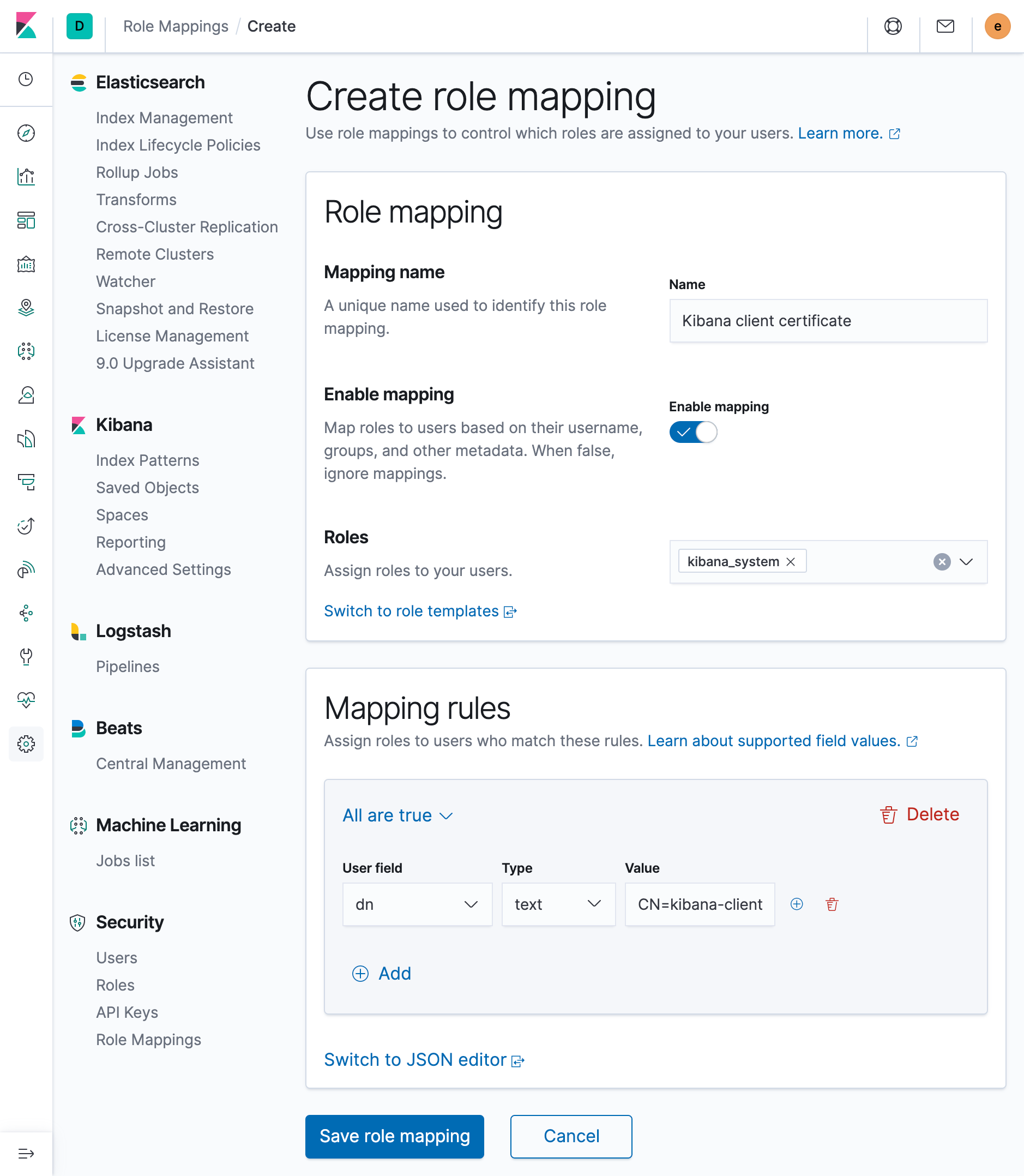 Role mapping for the Kibana client certificate