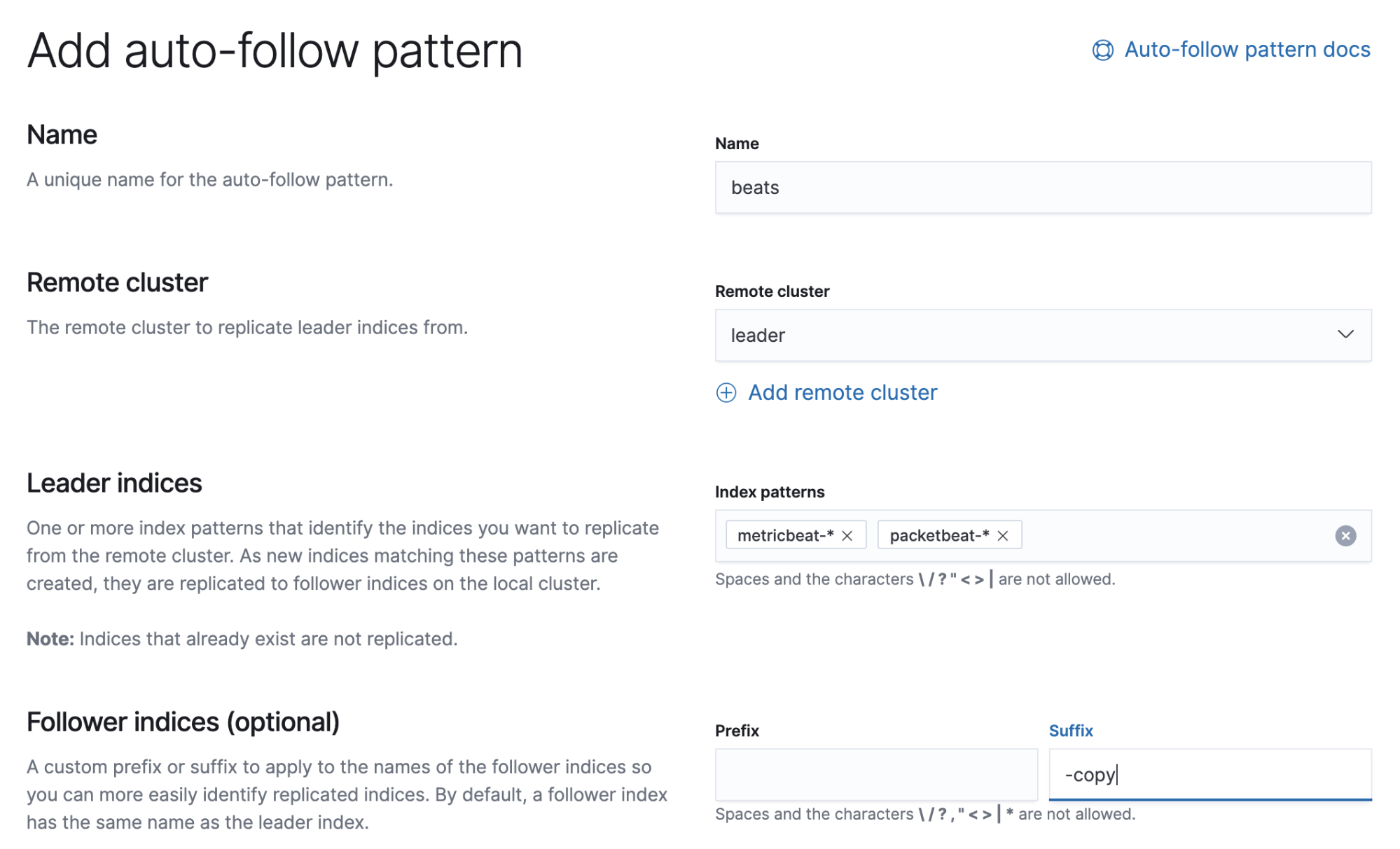 UI for adding an auto-follow pattern