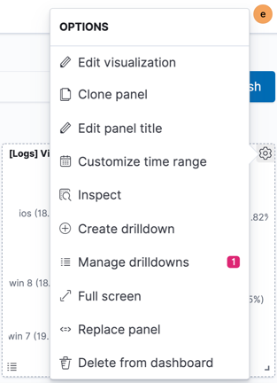 Panel menu with Create drilldown and Manage drilldown actions