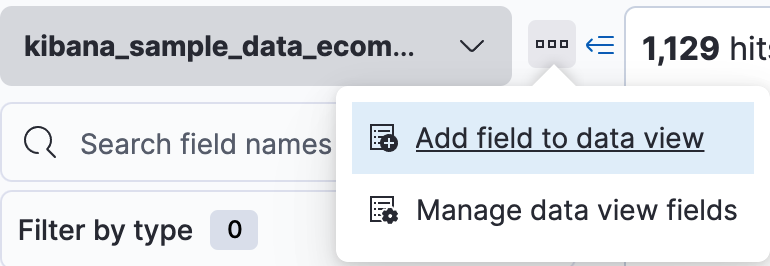 Dropdown menu located next to data view field with item for adding a field to a data view