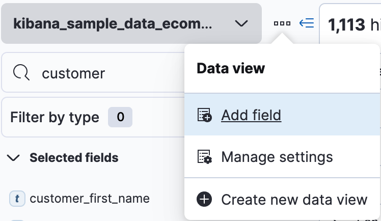 Dropdown menu located next to data view field with item for adding a field to a data view