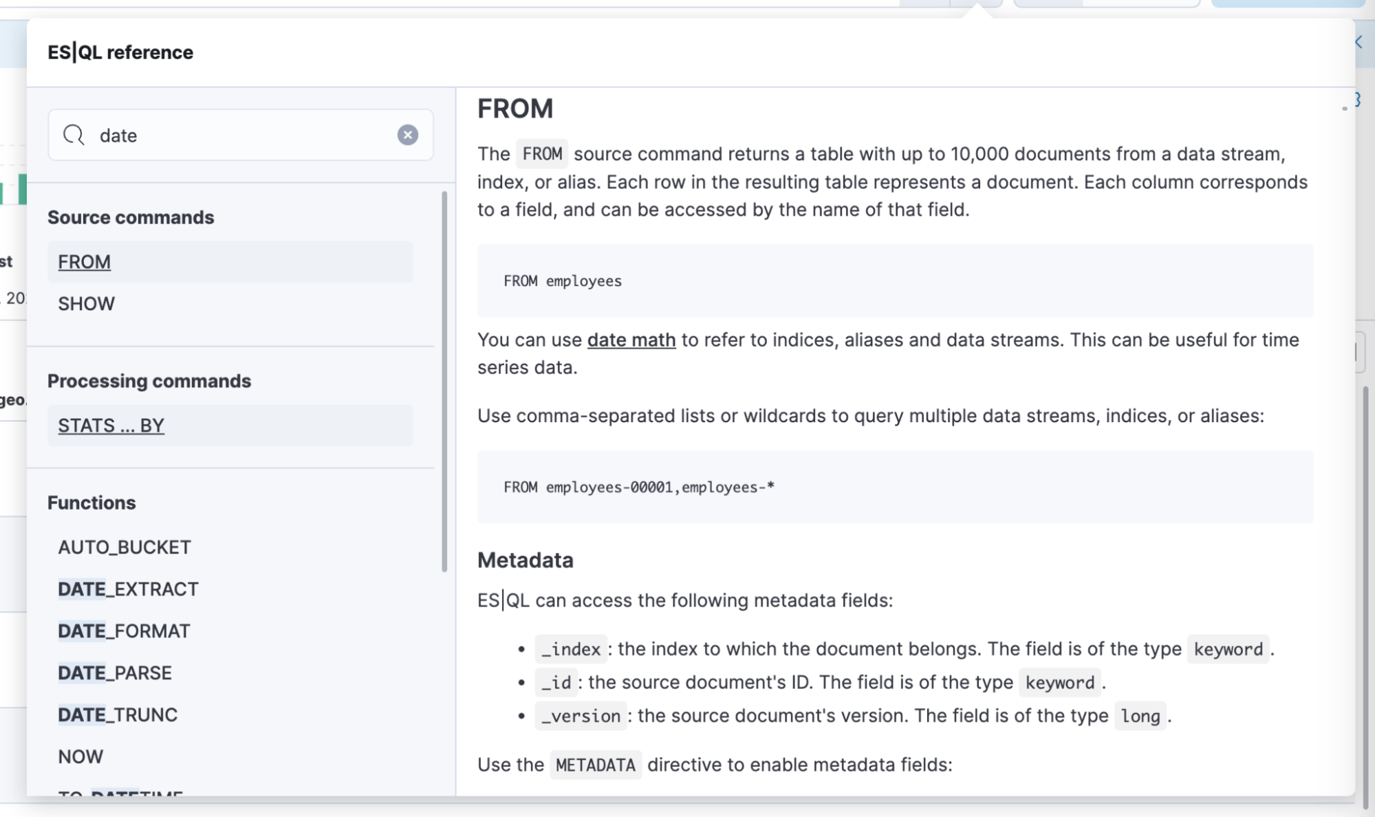 A screenshot of the ES|QL in app documentation