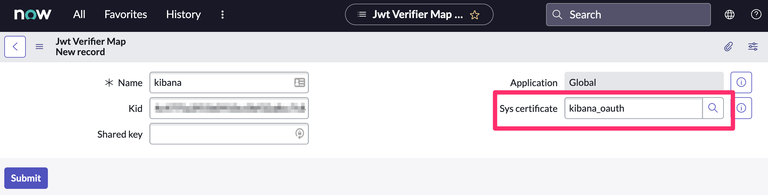 Shows new JWT Verifier Map form in ServiceNow